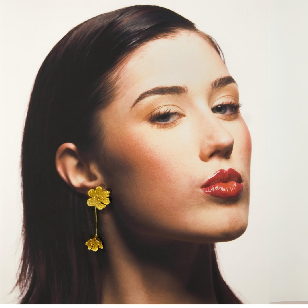 Statement floral drop earrings worn by model – Bloom Collection gold earrings from House of Kiash
