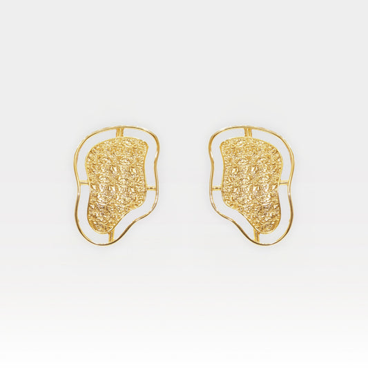 Pair of sculptural gold contour stud earrings with textured surface and fluid outline.