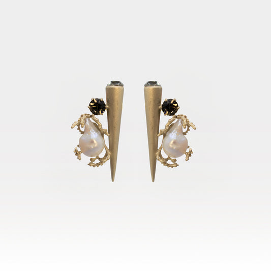 House of Kiash Elena Studs featuring a baroque pearl and black Swarovski crystal with a tapered pin in 18K dull matte gold plating.