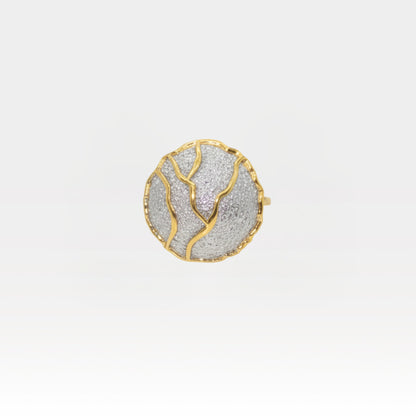 Kintsugi-inspired statement ring with textured silver disc and gold veining, Japanese art jewelry