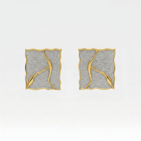 Kintsugi square stud earrings pair with textured silver and gold veining, Japanese-inspired statement earrings
