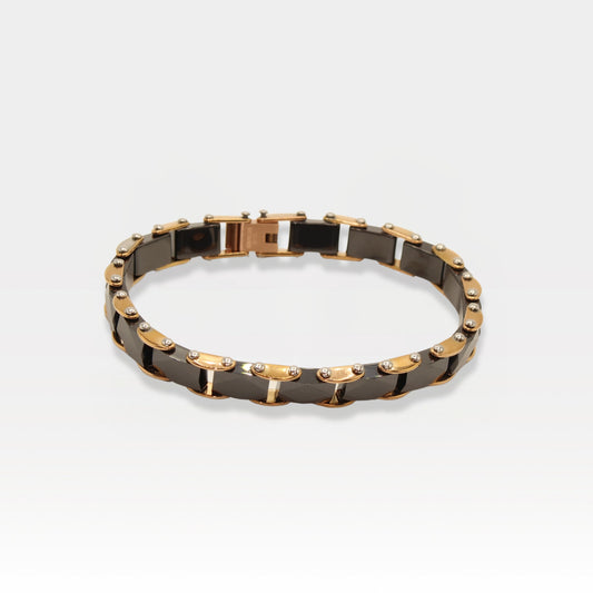 Rose gold and faceted black ceramic link bracelet with a luxurious design.