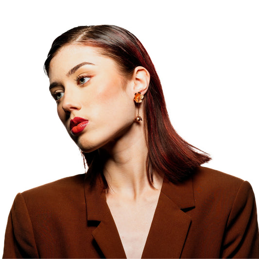 Model wearing Bloom Collection floral drop earrings – elegant gold flower earrings by House of Kiash